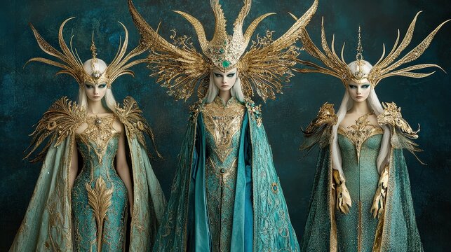 Three women in ornate gold crowns and teal fantasy gowns for high fashion editorial photography