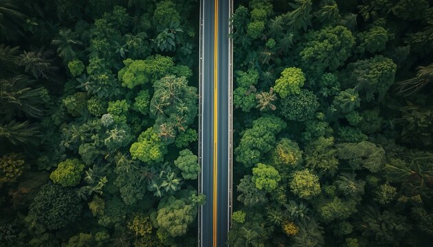 Road through forest aerial view photograph. Straight asphalt highway dividing dense green woodland canopy from above. Scenic landscape photography for travel, adventure, and nature themes.