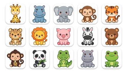 Fototapeta premium Set of Cute Cartoon Animal Icons for Kids Education and App Design, Kawaii Wildlife Characters Collection