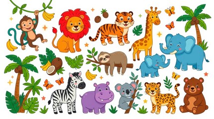 Naklejka premium Cute Cartoon Wild Animals Collection with Lion Tiger Elephant Giraffe Monkey and Tropical Jungle Elements for Kids