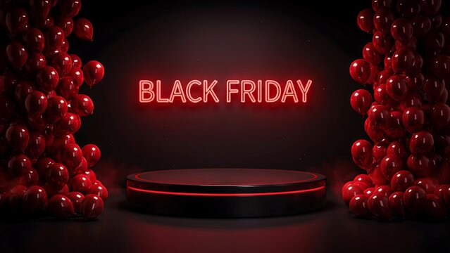 Dramatic black friday sale background with red geometric shapes and product display