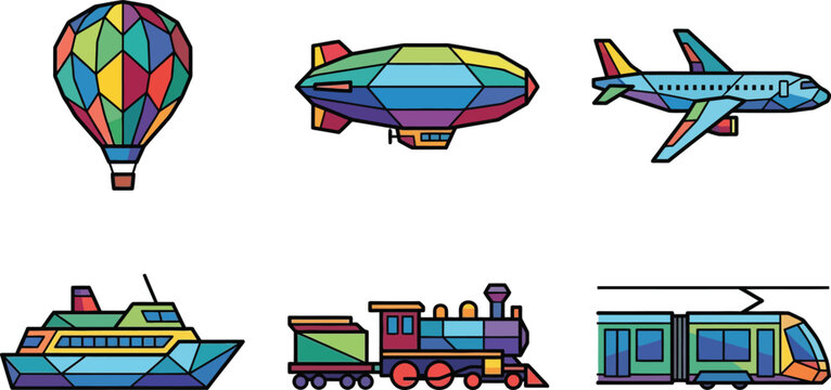 Collection of colorful geometric transport icons including hot air balloon blimp airplane ship train and tram for travel and logistics concepts