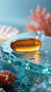 A clear surface holds a fucoxanthin capsule with soft coral nearby. The scene showcases a blend of nature and health. Water reflects light creating an appealing atmosphere