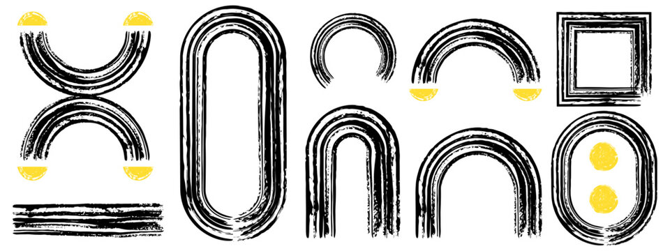 Bold brush zen arc shapes. Rough grunge texture. Abstract curved elements in playful style.