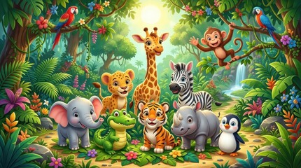Fototapeta premium Vibrant Illustration of Friendly Safari and Jungle Baby Animals Gathering in a Sunny Tropical Forest