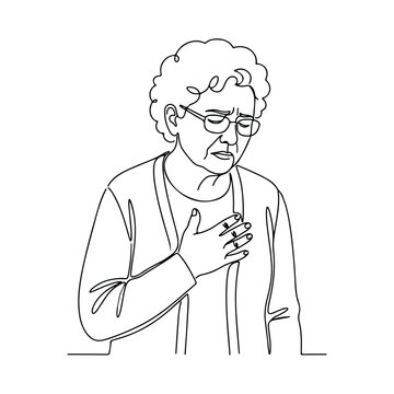 Senior woman showing heart attack symptoms with hand on chest, indicating discomfort and health issue. Heart attack symptoms observed in elderly women highlight importance of awareness and education.
