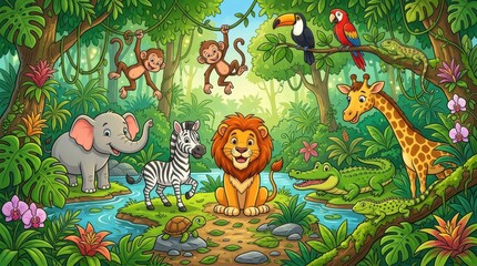 Fototapeta premium Cute Cartoon Jungle Animals Illustration with Lion Elephant Giraffe Zebra and Monkeys in Tropical Forest