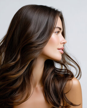 Beautiful adult female side view with long wavy brown hair, smooth skin, natural makeup, and soft lighting, expressing calm confidence