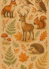 Fototapeta premium Woodland creatures autumn pattern