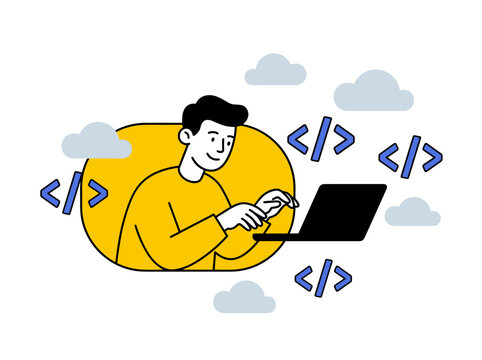 Flat vector illustration of a male programmer coding on a laptop, software developer working with HTML tags, cloud computing concept