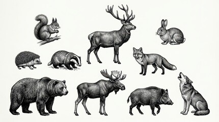 Fototapeta premium Vintage Hand Drawn Forest Animals Collection Engraving Style Illustration Set with Bear Deer Wolf Fox Moose and Squirrel