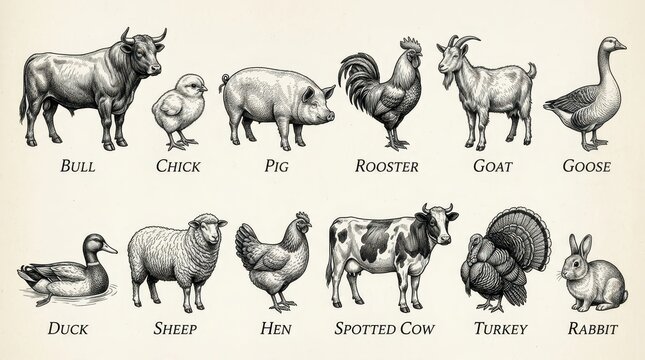 Vintage Farm Animal Illustration Set Featuring Bull Pig Rooster Goat Sheep and Cow in Classic Engraving Style