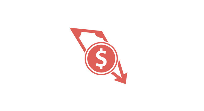 A red icon illustrating a dollar bill and coin with downward arrows, symbolizing financial decrease or loss.