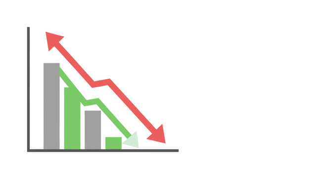 Minimalist bar chart with red and green lines depicting a sharp downward trend, symbolizing financial decline and economic recession, ideal for business reports, market analysis, and investment risk