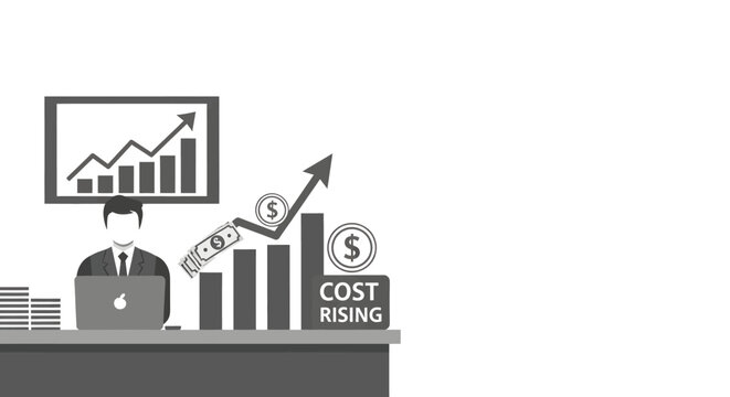 Grayscale business analyst at a desk with rising cost graph and financial growth chart, illustrating economic inflation and expenditure management for financial reports, economic articles and budget