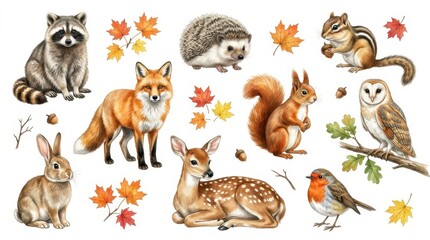Fototapeta premium Watercolor Woodland Animals and Autumn Leaves Set - Fox, Deer, Raccoon, Owl, Squirrel, Hedgehog, Rabbit, Robin