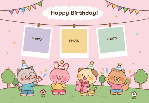 Cute Animal Birthday Photo Frame Greeting Card Template