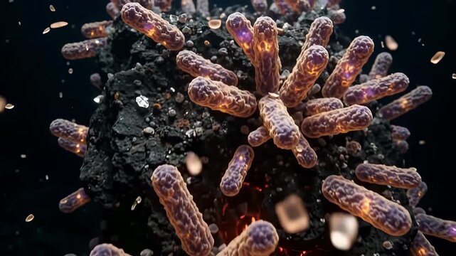 Microscopic view of rod-shaped bacteria or microorganisms glowing with internal energy in a dark environment.