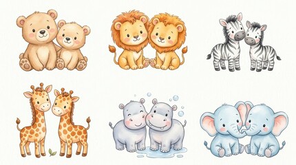 Obraz premium Cute Watercolor Baby Animal Pairs Set with Bears, Lions, Zebras, Giraffes, Hippos, and Elephants for Nursery Decor