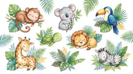 Fototapeta premium Adorable Watercolor Sleeping Jungle Animals Collection with Tropical Leaves for Nursery Decor and Kids Design