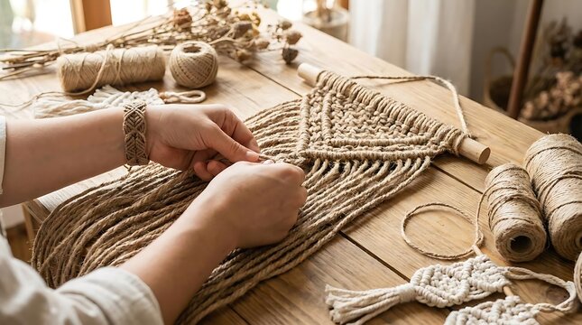 Hands weaving intricate macrame knots with cotton rope.