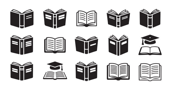 Minimalist black open book icons with graduation cap symbols for modern distance learning programs.