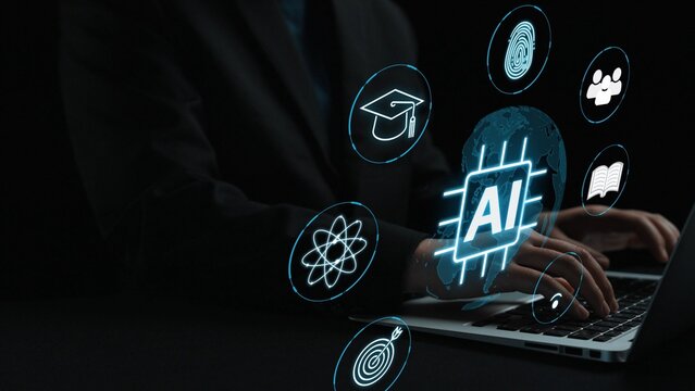 Business Professional Using Laptop with AI Technology Graphics in Dark Background for Innovation and Digital Transformation. Entropy.