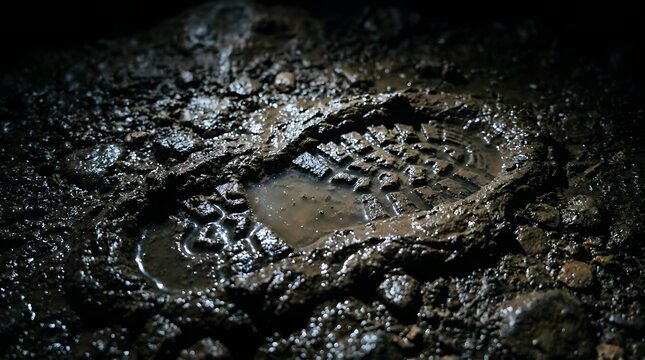 Single deep empty boot print pressed heavily into wet cave mud slowly filling with murky water illustrating the lasting human carbon footprint on nature