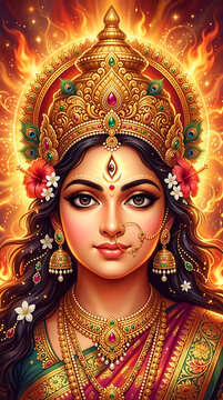 Portrait of goddess durga with radiant golden crown and traditional indian jewelry