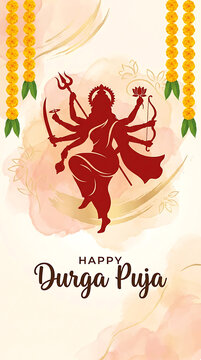 Happy durga puja greeting card with goddess durga silhouette