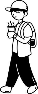 Boy Walking and Drinking Coffee