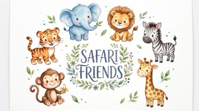 Cute Watercolor Safari Animals Set with Lion, Tiger, Elephant, Giraffe, Zebra, and Monkey - Safari Friends Nursery Art
