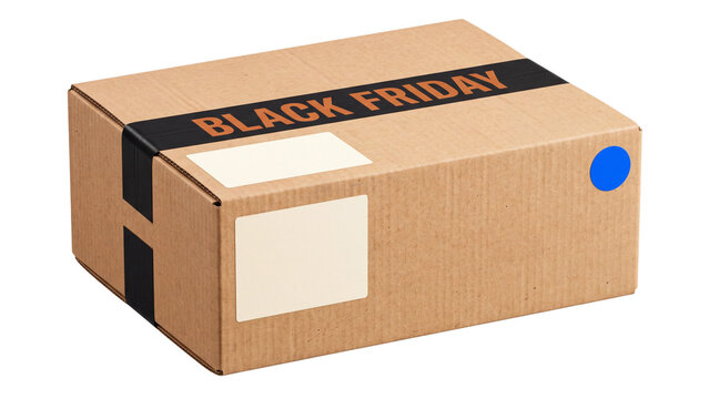 Black Friday cardboard parcel isolated PNG on transparent background