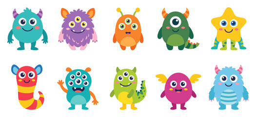 Naklejka premium Cute colorful monster character collection featuring friendly alien creatures | Flat vector graphic illustration for kids