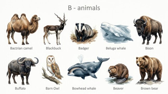 Watercolor Alphabet Animals Starting with Letter B Educational Poster Set with Camel, Bear, Owl, and Whales