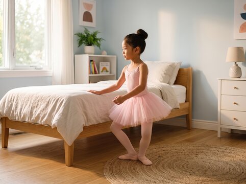 Young Girl Practicing Ballet Dance Moves in a Bright Cozy Bedroom Setting