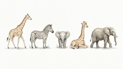 Fototapeta premium Watercolor African Safari Animals Set Featuring Giraffes, Zebra, and Elephants on White Background