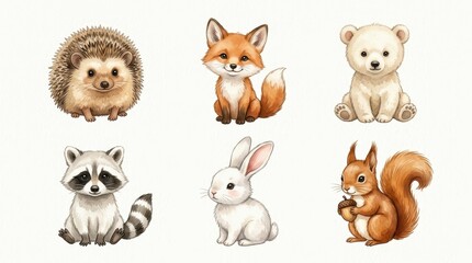 Fototapeta premium Cute Watercolor Baby Forest Animals Set - Hedgehog, Fox, Bear, Raccoon, Rabbit, and Squirrel Illustrations for Kids Decor