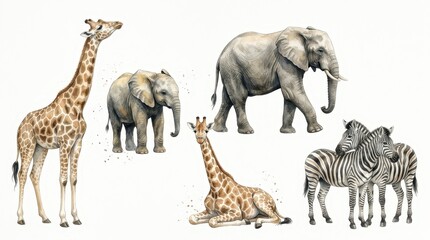 Fototapeta premium Watercolor African Safari Animals Set Featuring Giraffes, Elephants, and Zebras Isolated on White Background for Design