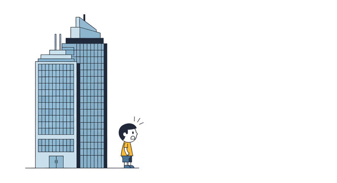 A small boy stands in awe, looking up at two towering modern skyscrapers, illustrating scale and wonder.