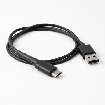 Black USB-C to USB-A Charging and Data Cable on White Background