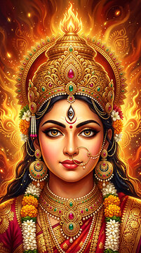 Divine goddess durga portrait with radiant golden ornaments and fiery background