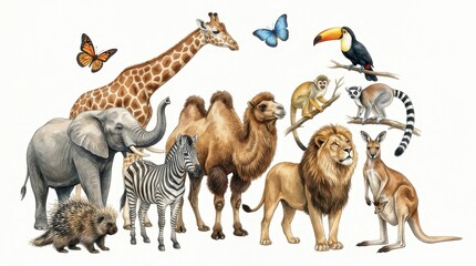 Fototapeta premium Watercolor Illustration of Diverse Wild Animals Set Including Elephant, Giraffe, Lion, and Zebra Isolated on White Background