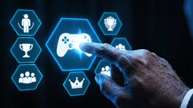 A business person's hand touches a glowing hexagon containing a video game controller icon as other gaming-related icons surround it against a dark background, representing digital entertainment