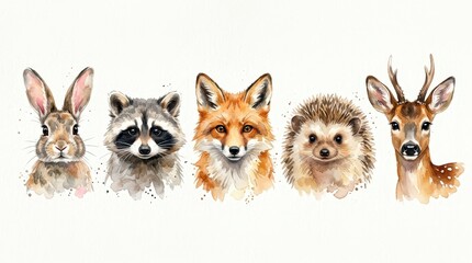 Obraz premium Watercolor Woodland Animals Collection - Rabbit, Raccoon, Fox, Hedgehog, and Deer Portraits Isolated on White Background