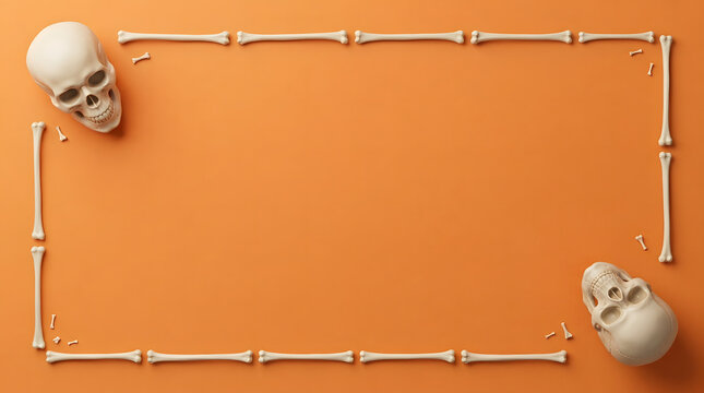 Halloween skull and bone frame border on orange background for spooky holiday greeting card