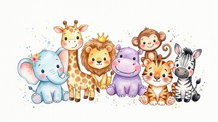 Obraz premium Cute Watercolor Baby Safari Animals Collection with Elephant Giraffe Lion Hippo Monkey Tiger and Zebra