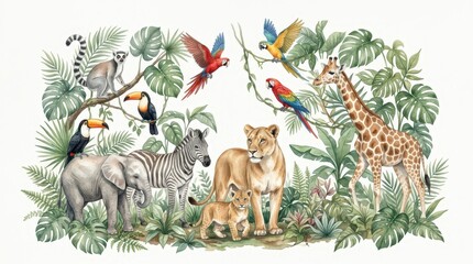 Fototapeta premium Watercolor Jungle Animals Illustration with Lion, Elephant, Giraffe, Zebra, and Tropical Birds on White Background