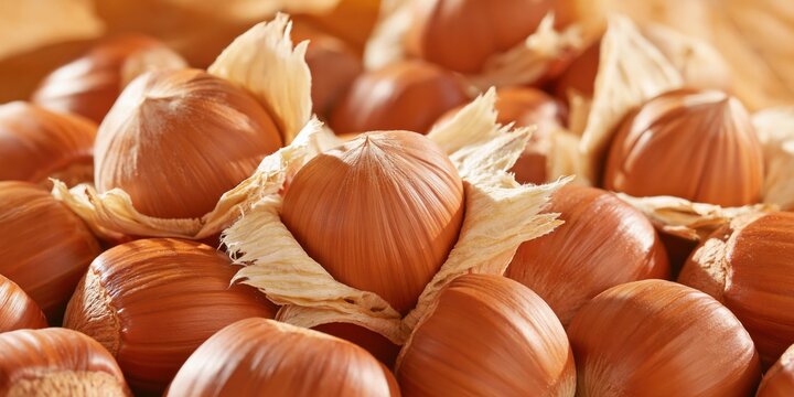 Close up of fresh hazelnuts with leafy involucres, warm brown tones and soft lighting