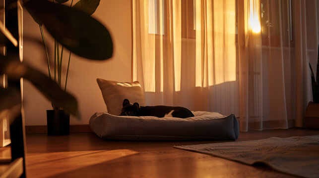 Cozy Pet Bed in Sunlit Living Room with Natural Light and Plants